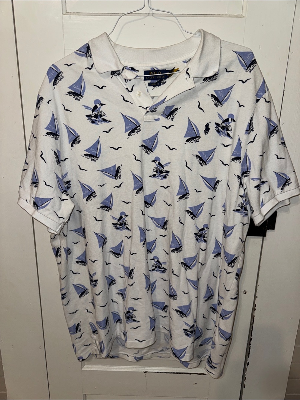 Ralph Lauren White Polo with Light Blue Sailboat Print XXL